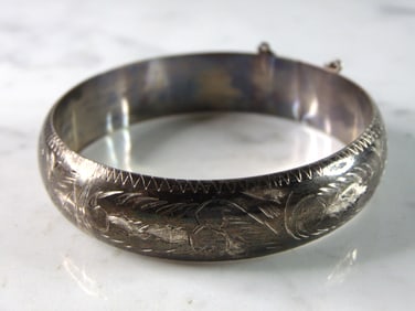 Womens Vintage Estate Sterling Silver Etched Cuff Bracelet