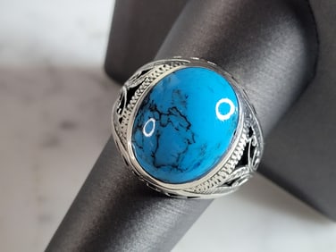 Mens Vintage Estate Sterling Silver Turquoise Modernist Ring