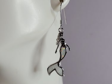 Womens Sterling Silver Modernist Opal Mermaid Earrings