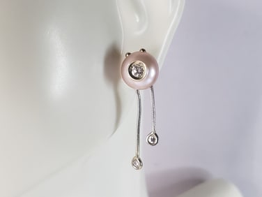 Womens Vintage Estate 14K White Gold Earrings W/ Diamonds & Pearls