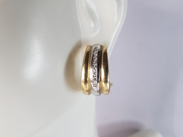 Womens Vintage Estate 14K Yellow & White Gold Diamond Hoop Earrings