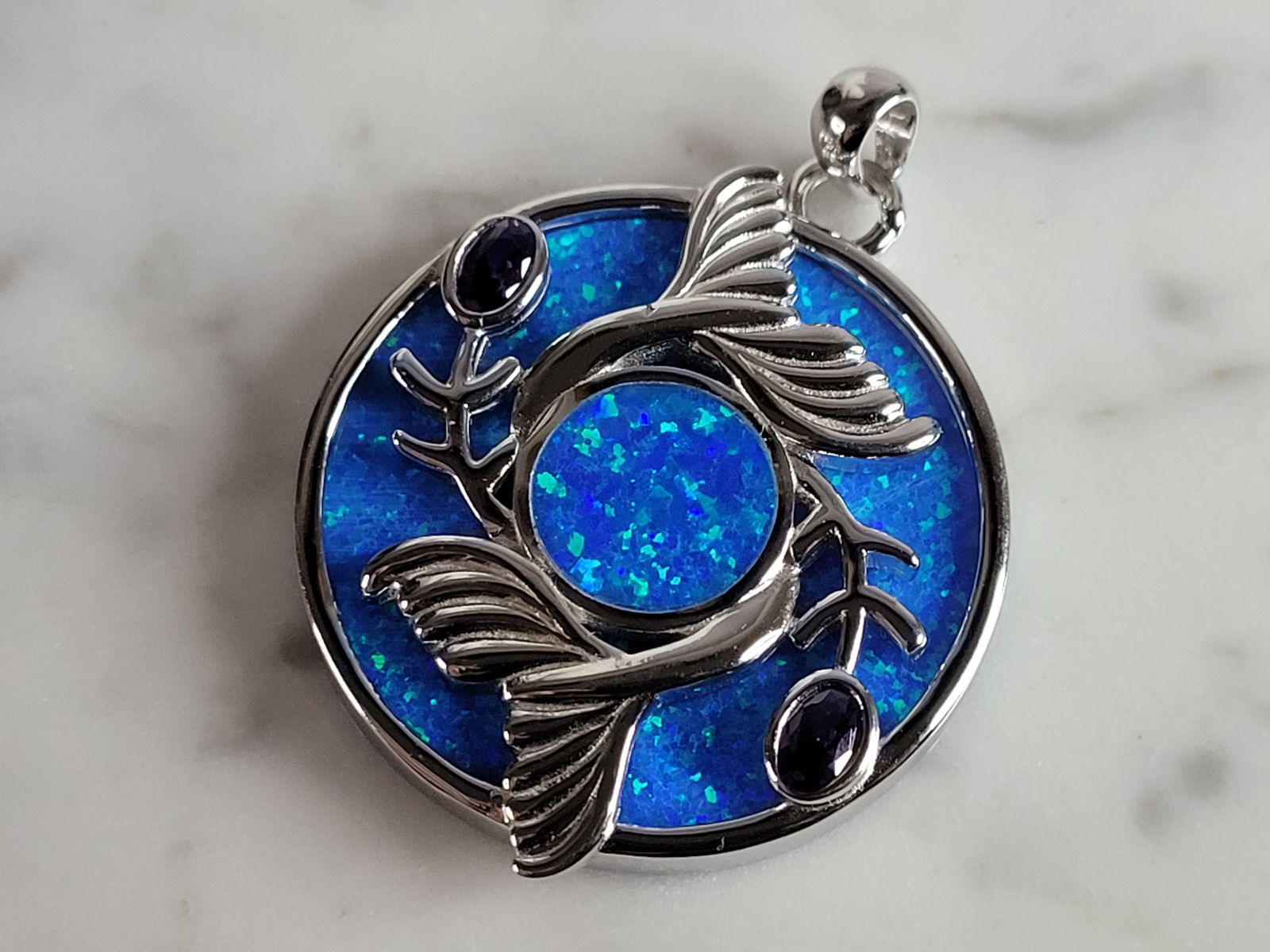 Womens Sterling Silver Blue Opal Koi Fish Pendant (1 of 3)