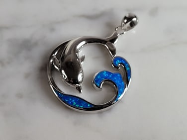 Womens Sterling Silver Blue Opal Dolphin Pendant
