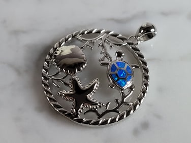 Womens Sterling Silver Blue Opal Turtle Star Fish Pendant