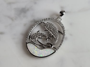 Womens Sterling Silver Opal Dolphin Pendant
