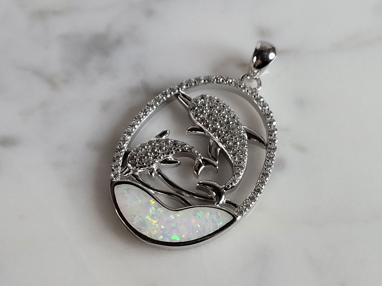Womens Sterling Silver Opal Dolphin Pendant (1 of 3)