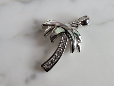 Womens Sterling Silver Opal Beach Palm Tree Pendant