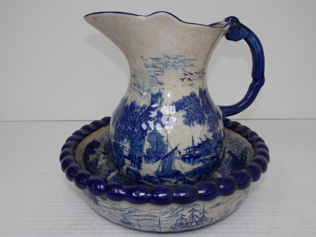 BLUE & WHITE TRANSFERWARE PORCELAIN PITCHER & BOWL SET May 19, 2013