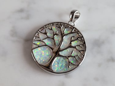 Womens Sterling Silver Opal Tree of Life Pendant