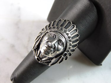 Mens Vintage Estate Sterling Silver Chief Head Ring