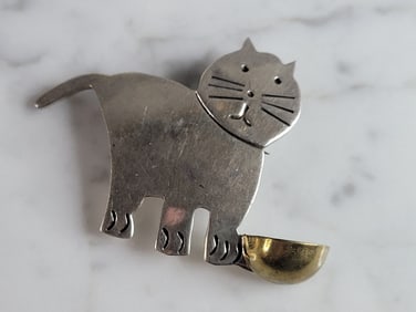 Womens Vintage Estate Sterling Silver Modernist Cat Brooch