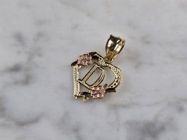 Womens 10K Yellow & Rose Gold Initial Letter " D "  Heart Pendant