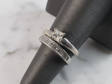 Womens Vintage Estate 14K White Gold Diamond Engagement Ring Set