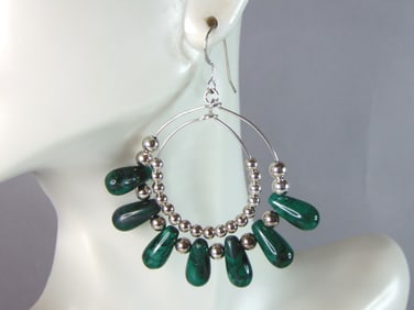 Womens Vintage Estate Sterling Silver Malachite Dangle Earrings