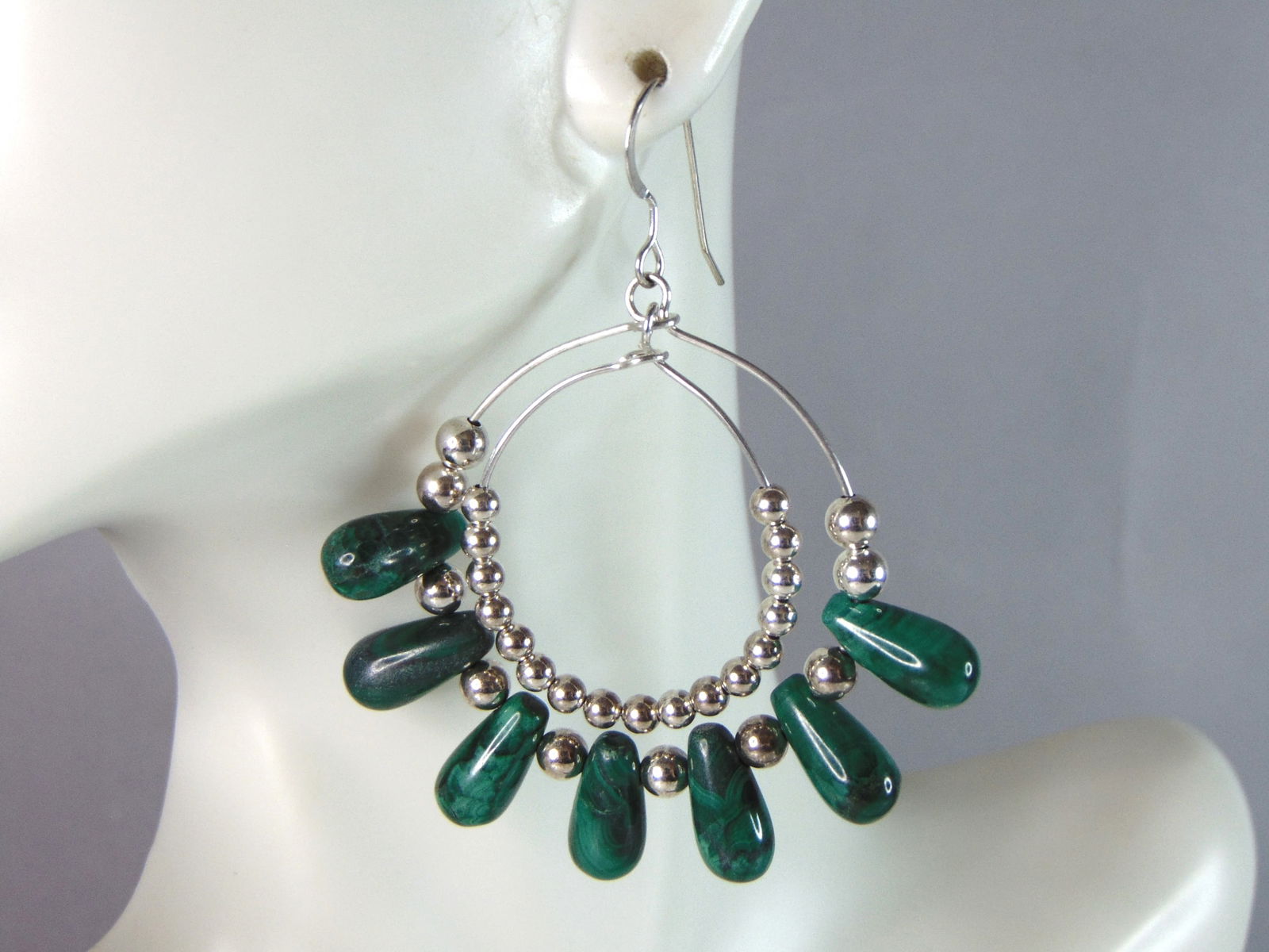Womens Vintage Estate Sterling Silver Malachite Dangle Earrings (1 of 2)