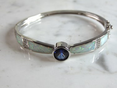 Womens Sterling Silver Modernist Opal Bangle Bracelet