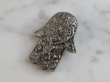 Womens Vintage Estate Sterling Silver CZ Hamsa Hand Pendant