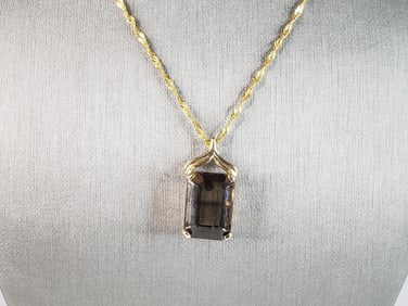 Womens Vintage Estate 14K Gold Smoky Quartz Pendant w/ Necklace