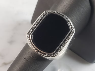 Mens Estate Sterling Silver Modernist Onyx Ring