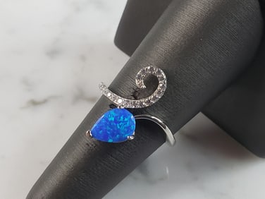 Womens Estate Sterling Silver Modernist Blue Opal & CZ Ring