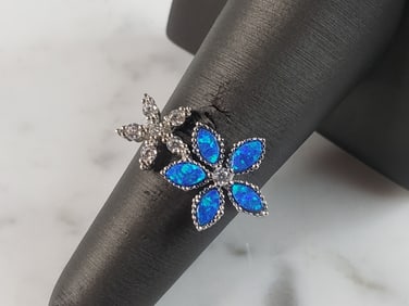 Womens Estate Sterling Silver Modernist Blue Opal Floral Ring