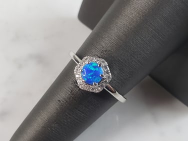 Womens Estate Sterling Silver Modernist Blue Opal & CZ Ring