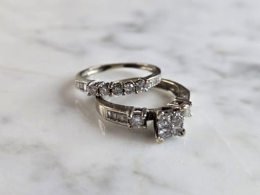 Womens Vintage Estate 14k White Gold Diamond Engagement Ring Set