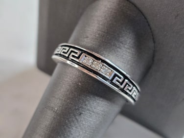 Mens Vintage Estate 14K White Gold Diamond Greek Key Ring