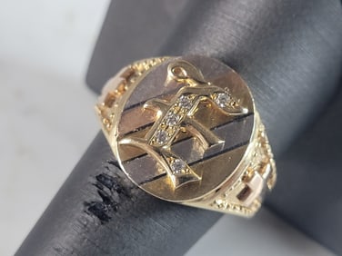 Mens Vintage Estate 14K Multi Gold Religious Cross "E" Diamond Ring