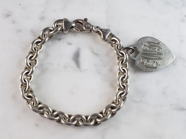 Womens Vintage Estate Sterling Silver Heart Charm Bracelet