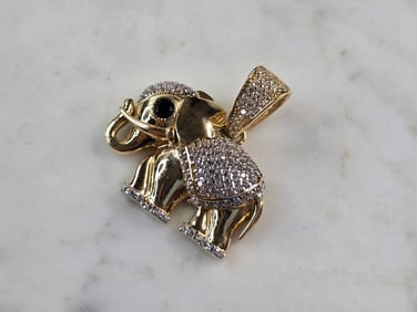 Womens Vintage Estate 14K Gold CZ Onyx Elephant Pendant