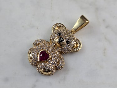 Womens Vintage Estate 14K Gold CZ Teddy Bear Heart Pendant