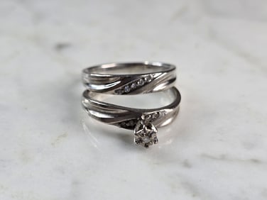 Womens Vintage Estate Sterling Silver Modernist Diamond Ring Set