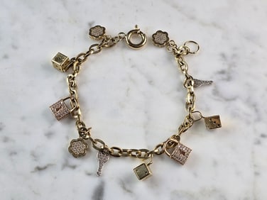 Womens Vintage Estate 14K Yellow Gold CZ Charm Bracelet