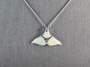 Womens Sterling Silver Opal Modernist Whale Tail Pendant Necklace