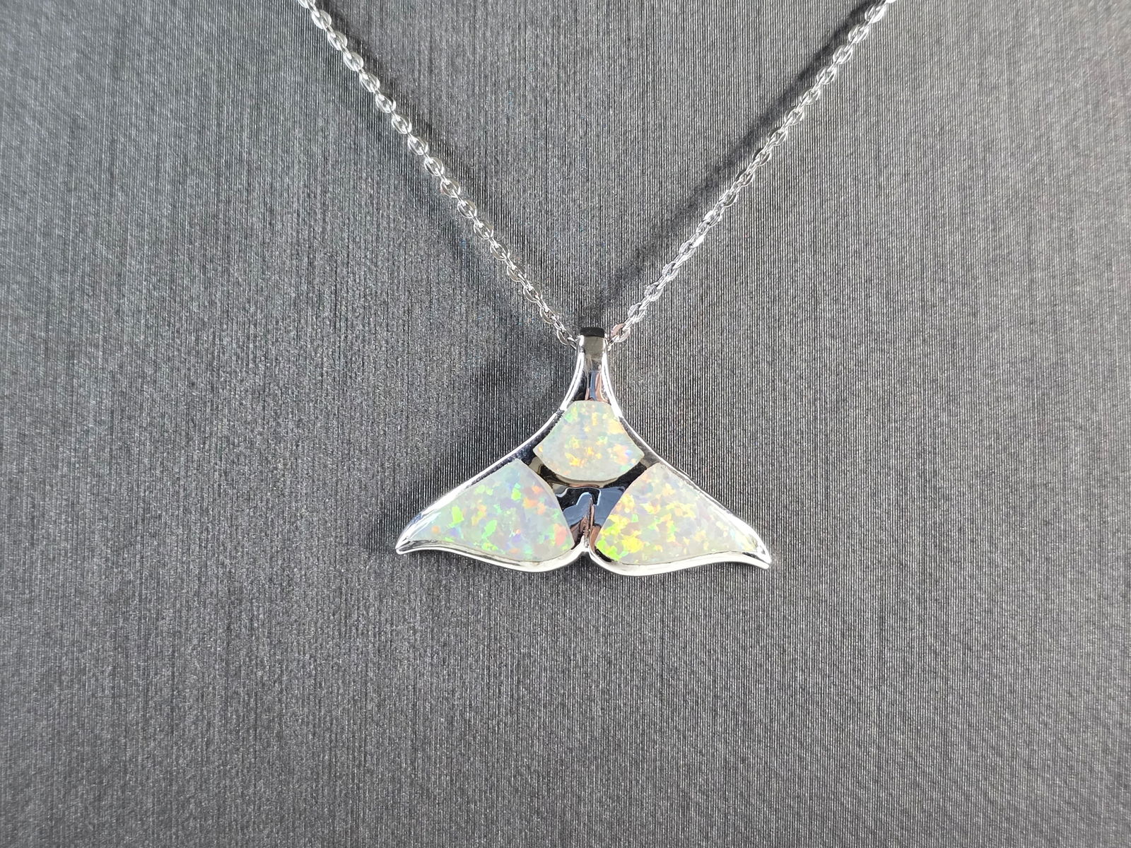 Womens Sterling Silver Opal Modernist Whale Tail Pendant Necklace (1 of 4)