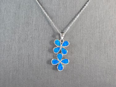 Womens Sterling Silver Blue Opal Modernist Daisy Flower Pendant Necklace
