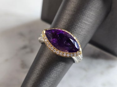 Womens Vintage Estate 14K Mixed Gold Amethyst Diamond Ring
