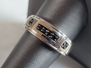 Mens Vintage Estate 14K White Gold Black Diamond Ring