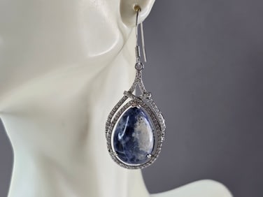 Pr Womens Sterling Silver Sodalite CZ Dangle Earrings