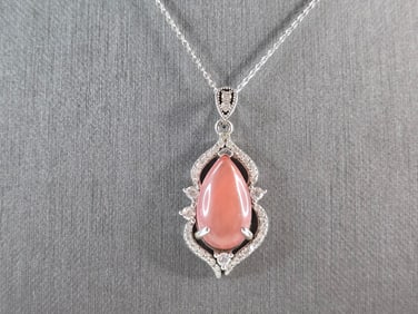 Womens Vintage Estate Sterling Silver Pink Cabochon Pendant Necklace