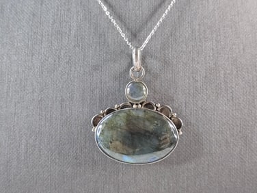 Womens Estate Sterling Silver Labradorite Moonstone Pendant Necklace