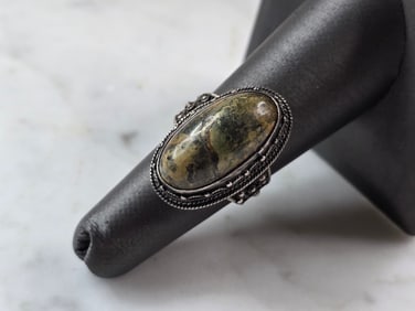 Womens Vintage Estate Sterling Silver Green Jasper Ring
