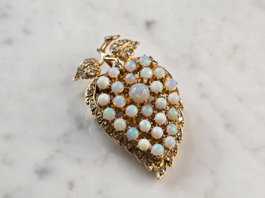 Womens Vintage Estate 14K Yellow Gold Opal & Diamond Brooch Pendant