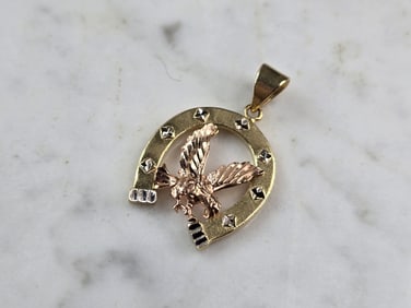 Womens Vintage Estate 14k Mixed Gold Horseshoe Eagle Pendant
