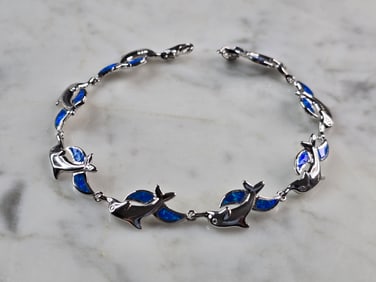 Womens Sterling Silver Opal Dolphin Bracelet
