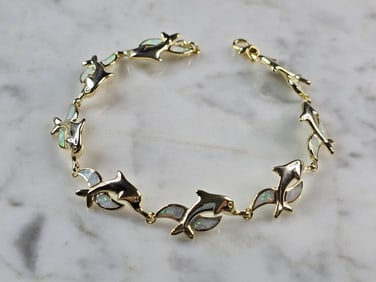Womens Sterling Silver Gold Tone Opal Dolphin Bracelet