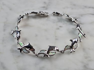 Womens Sterling Silver Opal Dolphin Bracelet