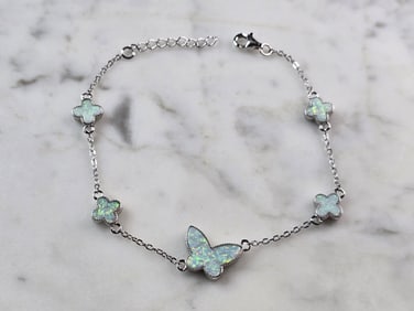 Womens Sterling Silver Opal Butterfly Charm Bracelet