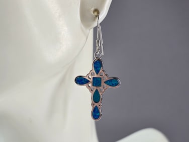 Womens Sterling Silver Blue Opal Cross Earrings